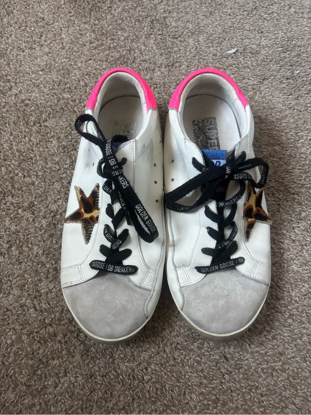 Golden Goose White Leather Sneakers with Leopard Star & Pink Heel Tab